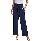 NILOUFO Women Summer Casual Wide Leg Pants High Waisted Elastic Tie Knot Boho Beach Trousers with Pockets(Navy Blue, X-Large)