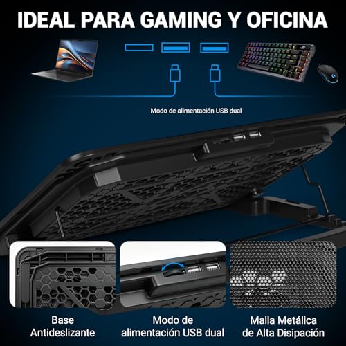 JDF3CISH Ventilador para Laptop y Base Enfriadora con 6 Ventiladores Silenciosos, Soporte Ajustable para Laptop Gamer 12-17.3", Cooling Pad con 5 Alturas, Soporte para Celular y Dual USB