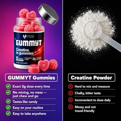 MYTICOS Gummyt Creatine Gummies 3000mg | Creatine Monohydrate | Strawberry Flavor | Sugar Free | No Powder No Mess | 60 Gummies | Muscle Recovery & Strength for Men & Women