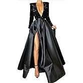 SIP TRUST Black Long Sleeves Prom Dresses for Women Long Ball Gown Sparkly Sequin Satin Formal Evening Gowns