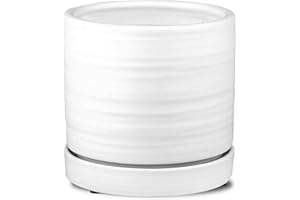 HERDUK 6 Inch Plant Pots, Ceramic Planter Pot with Drainage Hole & Saucer, Indoor/Outdoor Cylinder Round Planter Pot, Matte White