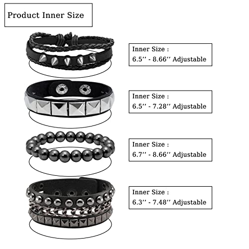 Eigso 4 Pcs Punk Leather Rock Studded Bracelets for Men Women Retro Classic Spiked Metal Cuff Bracelet Set for Man Woman