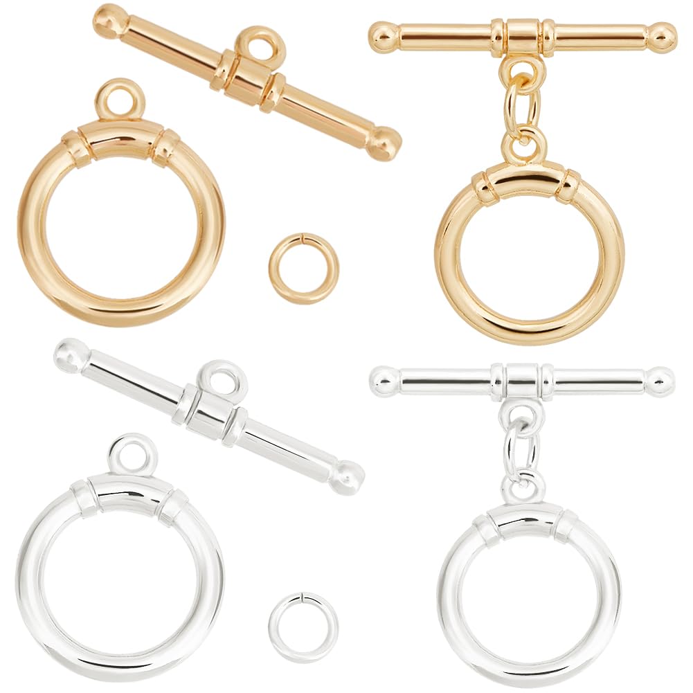 Beebeecraft 1 Box 10Pcs Toggle Clasps T-Bar Closure Clasps Real 18K Gold and 925 Sterling Plated Silver OT Buckle with Jump Rings for Necklace Bracelet Jewelry Making