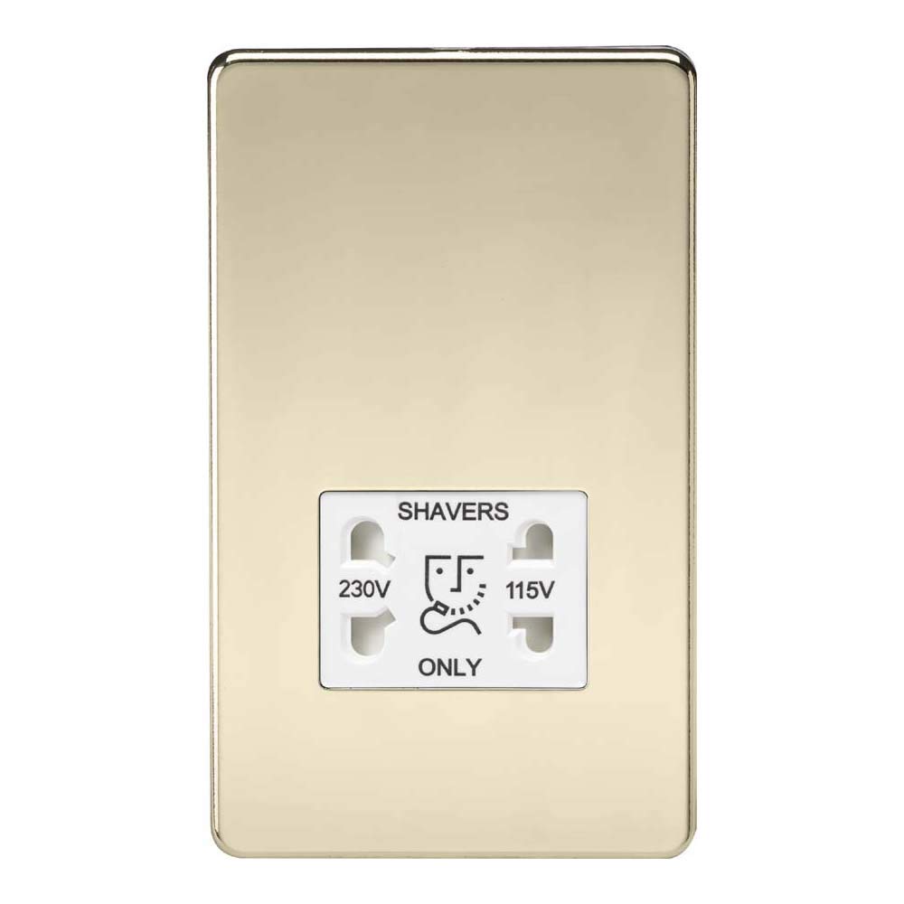 Knightsbridge Screwless Dual Voltage Shaver Socket in Polished Brass with White Insert