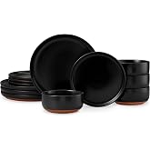 E-far Plates and Bowls Sets, 12Pcs Stoneware Ceramic Dinnerware Dishes Sets | Serves for 4, Dishware Sets with Terracotta Base, Chip &amp; Scratch Resistant, Microwave &amp; Dishwasher Safe, Matte Black
