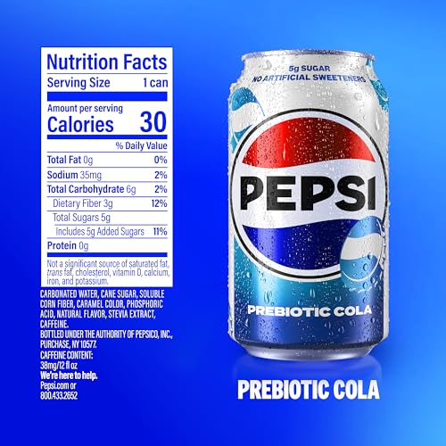 PEPSI PREBIOTIC COLA, 12 FL OZ CANS (8 PACK), 30 CALORIES, 3G PREBIOTIC FIBER, 5G SUGAR, SODA POP