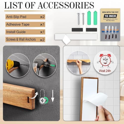 MEN WITH THE POT Magnetic Knife Strips, 16 Inch Magnetic Knife Holder for Fridge Wall, Acacia Wood & Black Resin Knife Magnetic Strip Use as Knife Bar, Knife Holder for Kitchen Utensil Organizer