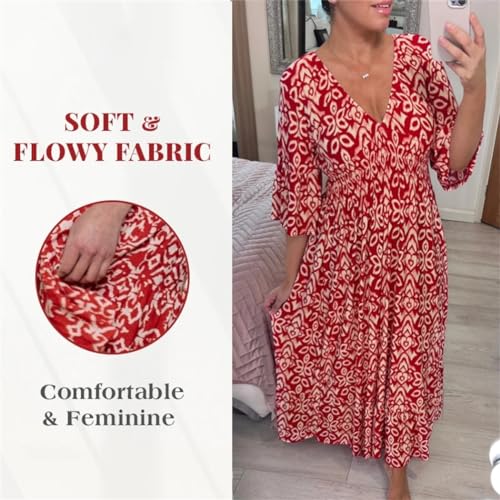 JUUCWOUT BOHEMIAN CASUAL PRINT V-NECK SHIRRED WAIST LONG DRESS, FLORAL WRAP 3/4 SLEEVE DRESS FOR WOMEN BLUE