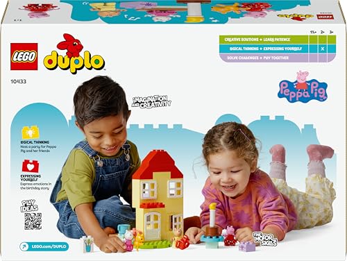 LEGO DUPLO Peppas Geburtstagshaus: kreatives Spielzeug mit 3 Figuren, Spielzeughaus zum Bauen und Umbauen für Kinder ab 2 Jahren, Jungen und Mädchen, fördert die Fingerfertigkeit 10433 10