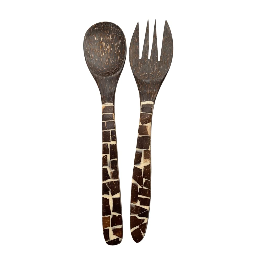 VIE Salad Servers, Coconut Wood with Coconut Chip Inlay, 30x7cm
