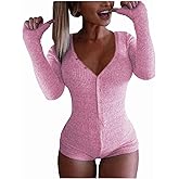 Roselux Women's Sexy Deep V Neck Shorts Long Sleeve Knitted One Piece Bodysuit Sexy Pajama Onesie Bodycon Rompers Overall