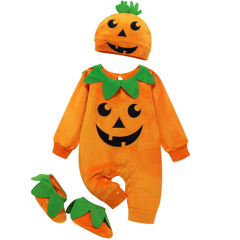 PUPYGIYUC Baby Pumpkin Costume Baby Pumpkin Outfit Baby Halloween Costumes + Hat +Shoes Baby Jackolantern Unisex Orange 18-24 Months