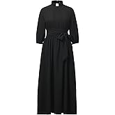 Church Dresses for Women Elegance Audrey Hepburn Style Tab Collar 3/4 Puff Sleeve Swing Maxi Dress with Long Belt