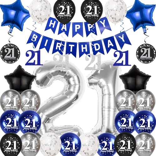 Pargleev 21st Birthday Decorations for Boys Girls, 21 Birthday Balloons with Swirl Decorations Happy Birthday Banner and Star Foil Balloons Confetii Latex Balloons for Party Decorations Silver
