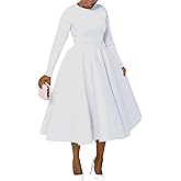 Famnbro Women's Vintage Cocktail Dresses 1950s Round Neck Long Sleeve A Line Formal Church Swing Maxi Dress