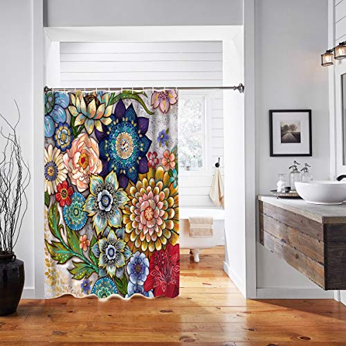 Neasow Boho Floral Shower Curtains for Bathroom, Bright Fabric Blossom Shower Curtain with 12