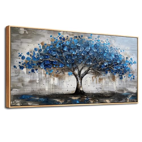 MHARTK66 Modern Living Room Decoration Pictures with Wooden Frame, 50 x 100 cm Large Decorative Sheets Wall Bedrooms, Decorative Canvases Wall Tree of Life Blue, Wall Art Dining Hallway Bathroom