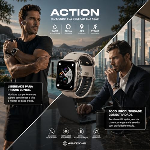 Smartwatch Action com GPS Integrado, Alexa, Tela AMOLED, Strava, Resistência 3ATM, Fitness e Notificações Inteligentes Pulseira Respirável(Prata)