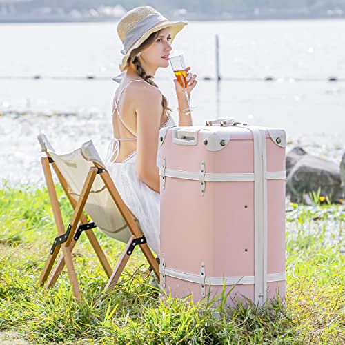 urecity Vintage Luggage Set 20"/24"/28" – Retro PU Leather Suitcase with TSA Lock, 360° Spinner Wheels & Telescopic Handle – Lightweight Travel Trolley (Soft Pink)