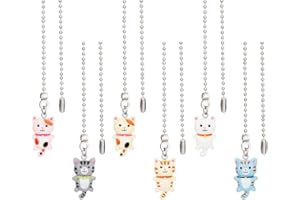 6Pcs Fan Pull Chain, White Blue Pink Cat Shape Resin Ceiling Fan Pull Chain Extenders with 304 Stainless Steel Ball Chains fo