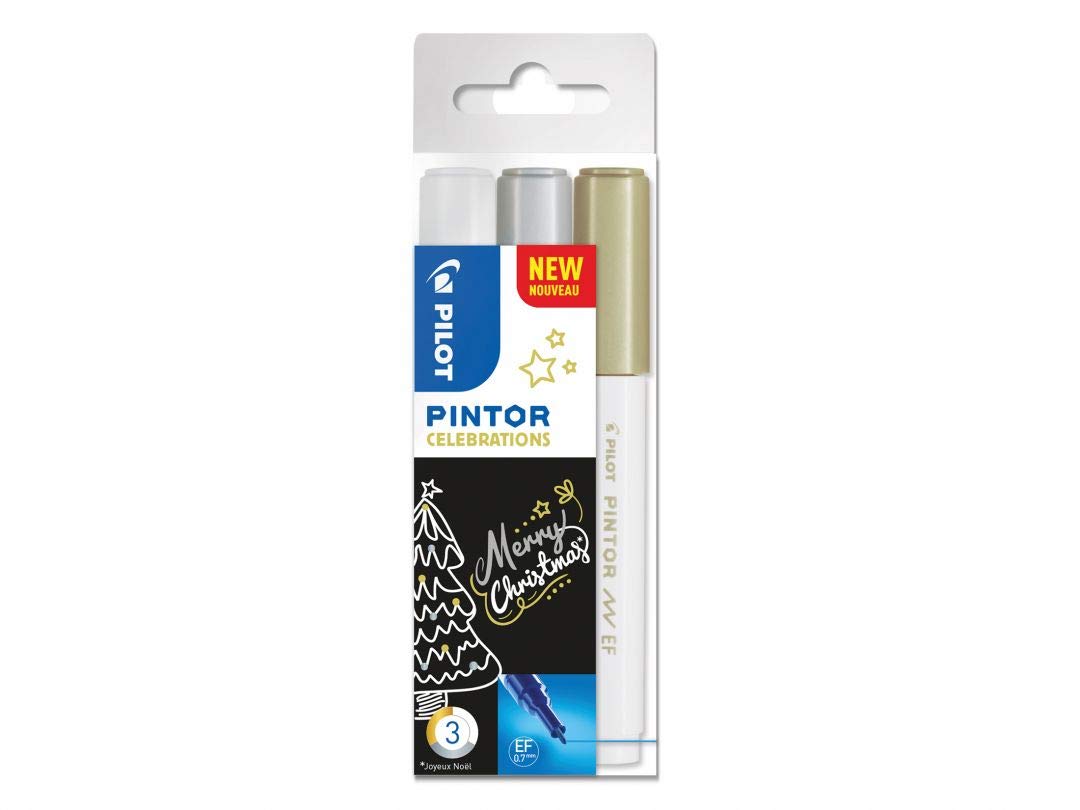 PILOT - Pintor, Celebrations Mix, Set of 3 Creative Multi-Surface Water-Based Permanent Markers - Quick Dry - Fabrics, Glass, Wood, Stone, DIY/Amateur Artists - Extra-Fine Tip - White, Gold, Silver