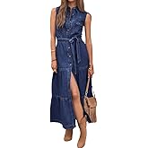 chouyatou Women's Summer Button Down Denim Shirt Dress Business Casual Belted Sleeveless Midi Long Jean Dress
