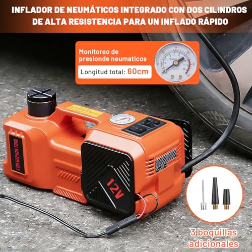 KVOZEN Gato Eléctrico 3 en 1 Hidráulico 5 Toneladas | Inflador Digital, Llave de Impacto 480NM, Kit de Emergencia, Luz LED, Para SUV