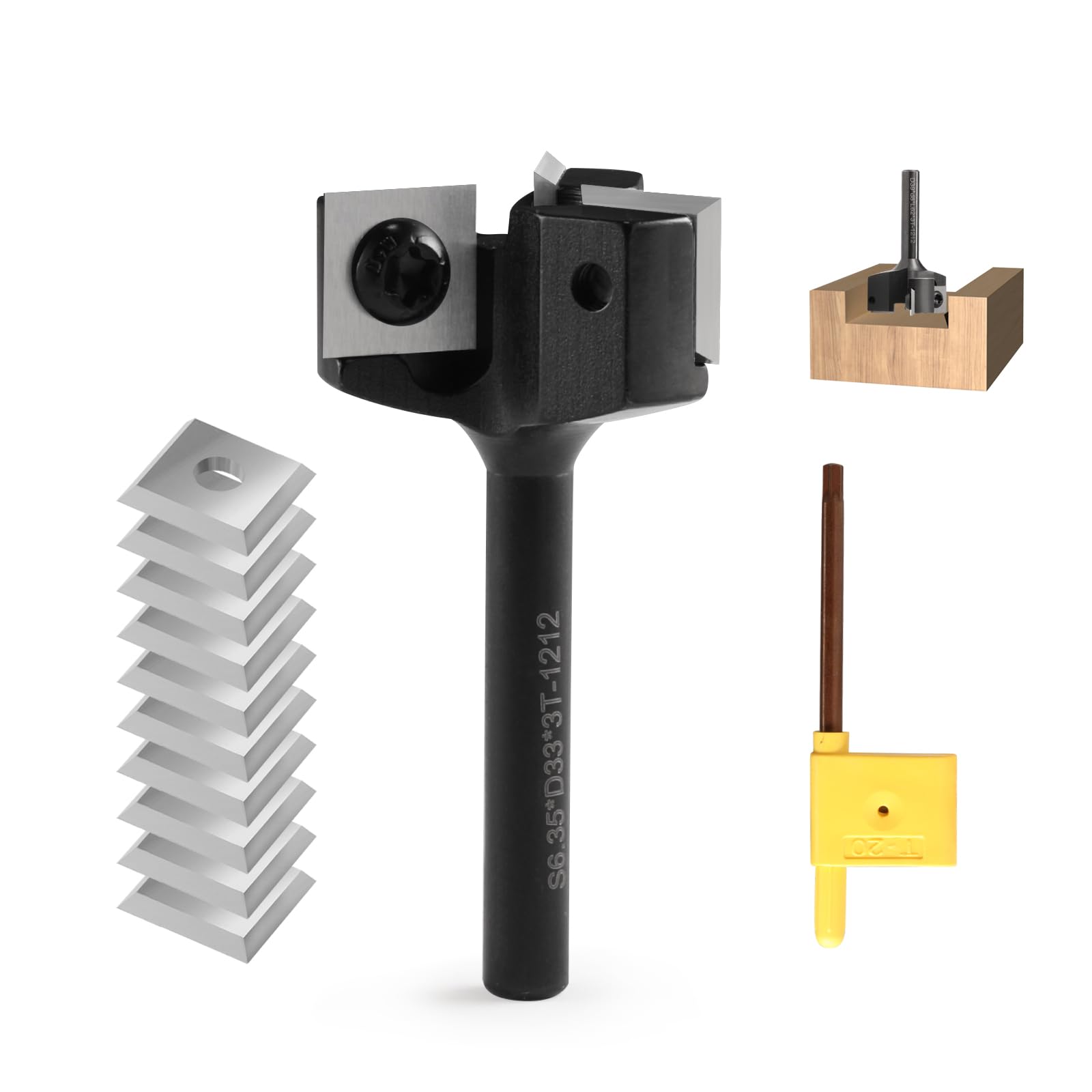 Trvoxviq 1/4'' Shank Spoilboard Surfacing CNC Router Bit, 3-Flute 6.35mm Carbide Slab Flattening Router Bit Milling Cutter with Extra 10 PCS Indexable Insert（12x12x1.5mm, 35°）for Wood Planing