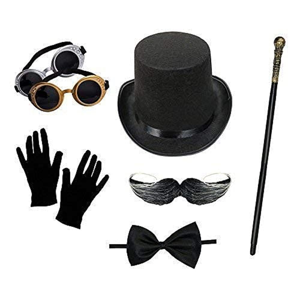 Mens Steampunk Costume Set (Top Hat, Goggles, Gloves, Cane, Bow Tie, Moustache)
