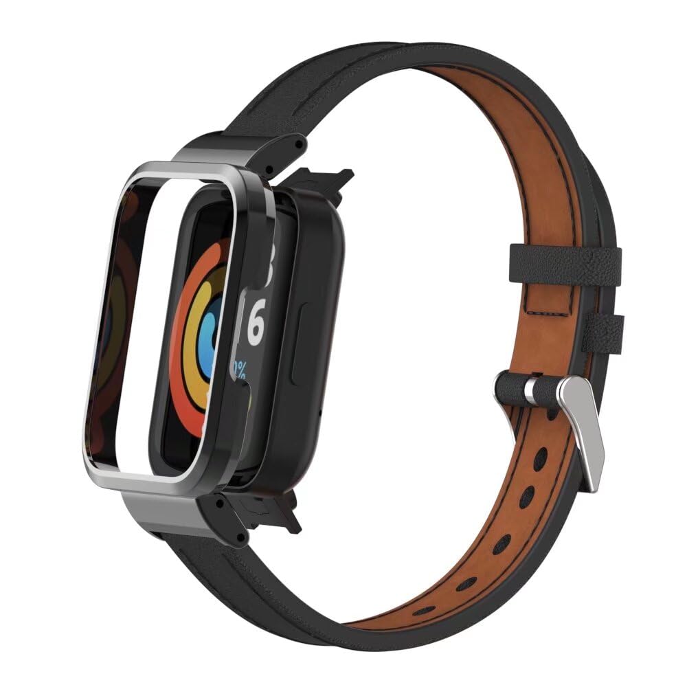 T-BLUER Compatible with Xiaomi Redmi Watch 2 Lite Straps, Replacement Leather Strap Accessories with Metal Frame for Xiaomi Redmi Watch 2 Lite Fitness Tracker, Black