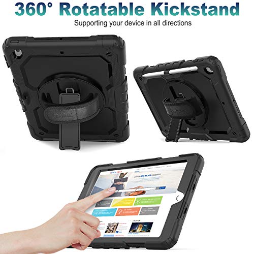 SEYMAC stock Case for iPad 9th/8th/7th Generation 10.2'', [Full-Body] Drop Proof Armor Case with 360° Rotating Stand [Pencil Holder][Screen Protector] Hand Strap, Black