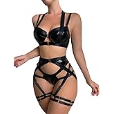 Lilosy Sexy Strappy Underwire Push Up Garter Belt Lingerie Set Harness Cutout Outfits Matching Bra Panty 3 Piece