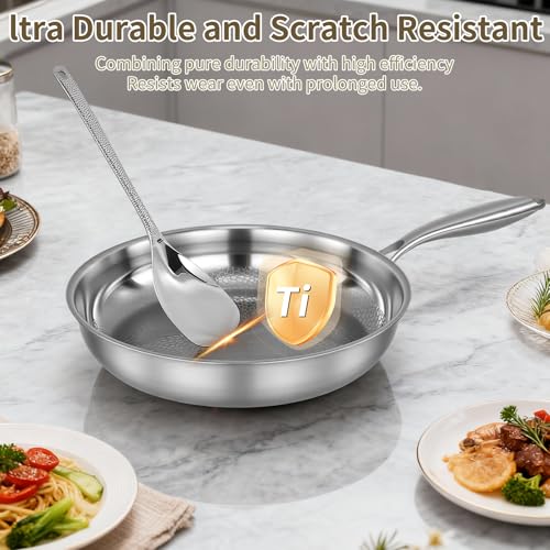 Sartén de titanio martillado Pro para cocinar, sartén de titanio con tapa, utensilios de cocina Pro antiadherentes, calentamiento uniforme para cocinar (30cm)