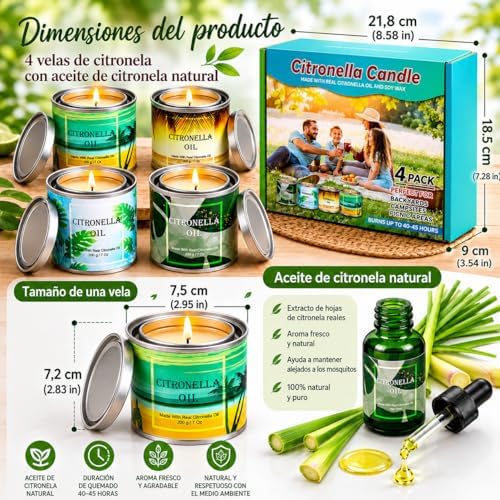 Paquete Grandes Juego de 4 Velas Citronela para Interior y Exterior Velas de Citronela Cera de Soja en Latas con Tapa 200 Horas de Combustión Regalo para Bodas,Cumpleaños,Jardín,Camping o Fiestas