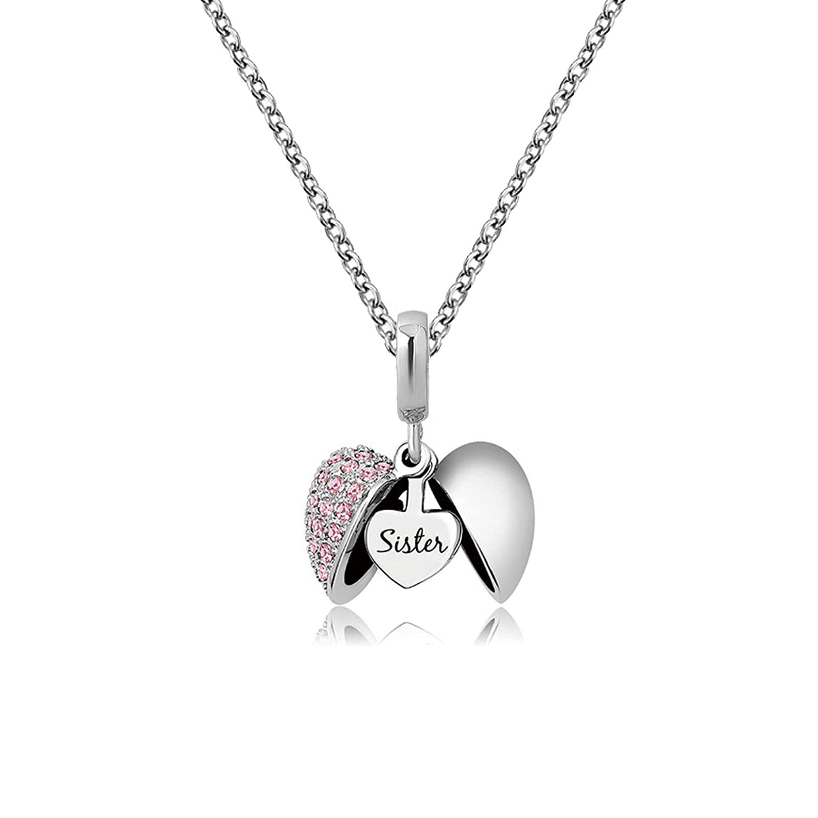 KunBead Jewelry Pink I Love You Sister Heart Birthstone Birthday Charm Pendant Necklace