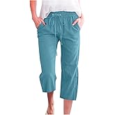 Capri Pants for Women 2025 Summer Drawstring Elastic High Waist Casual Capris Straight Wide Leg Cotton Linen Pants