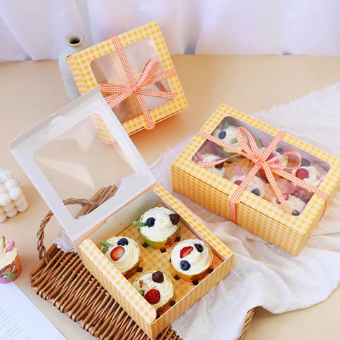 10Pcs Bakery Boxes and A Roll of 22.5-Meter Packaging Ribbon Paper Gift Boxes 4 Holders with Windows and Inserts for Pastries Cupcakes Muffin Donut Macaron