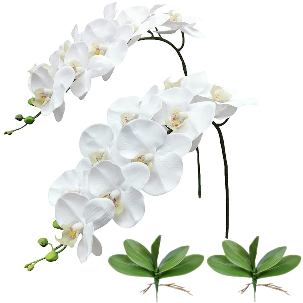 NatureMan 2pcs Artificial Orchid Stems Real Touch Simulation Phalaenopsis Branches 9 Large Blooms 42 Inches Tall for Home Wedding Party Decoration (White)