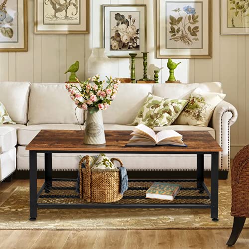 KINGSO Industrial Coffee Table with Storage Shelf for Living Room, Wood