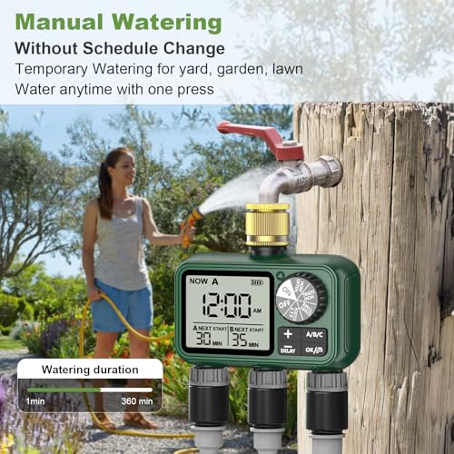Water Timer 3 Outlets with Brass Inlet, Programmable Sprinkler Hose Waterproof Timer, Automatic prinkler Timers with Rain Delay/Manual Watering/large LCD display for Irrigation Lawn Yard