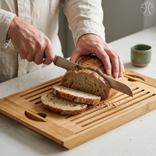 Tábua de Corte Bambu com Migalheira e Bandeja 4 em 1 | Bambu natural prensado, sulco coletor de migalhas, alças laterais, uso como fruteira ou suporte de panela, 36,8x22 cm