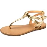 Colgo Thong Flat Sandals, Casual Women T-Strap Dress Sandals with Adjustable Ankle Buckle for Summer Wedding