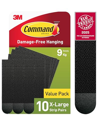 Command Languettes Accroches Tableaux, Très Grandes - 10 Paires (20 Languettes) Noir - Supporte jusqu'à 9 kg - Sans Outils - Fixation sans Dommages