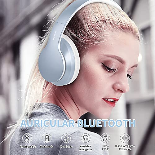 Ifecco Bluetooth Estéreo Auriculares Música sobre-oído Sonido de Alta fidelidad, Bluetooth Banda para la Cabeza Plegable con micrófono y Cable de Audio para Apple iPhone, PC (Azul Liso)