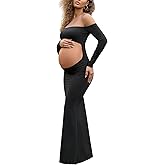 Bhome Maternity Dress for Photoshoot Sexy Off Shoulder Long Sleeve Maxi Gown Pregnancy Cutout Dress for Baby Shower