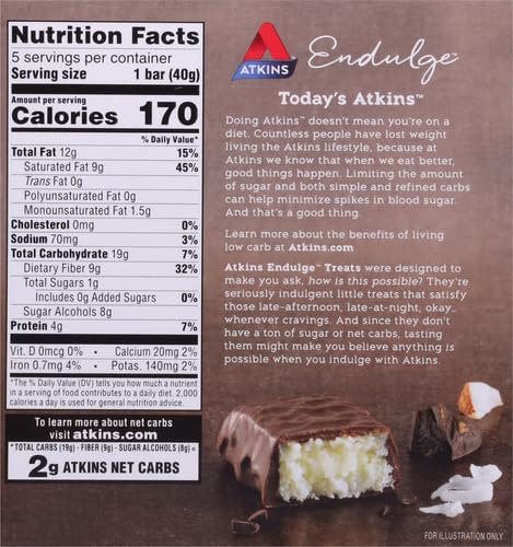 Atkins Endulge Chocolate Coconut Bar, Dessert Favorite, High in Fiber, 1g Sugar, 5 Count