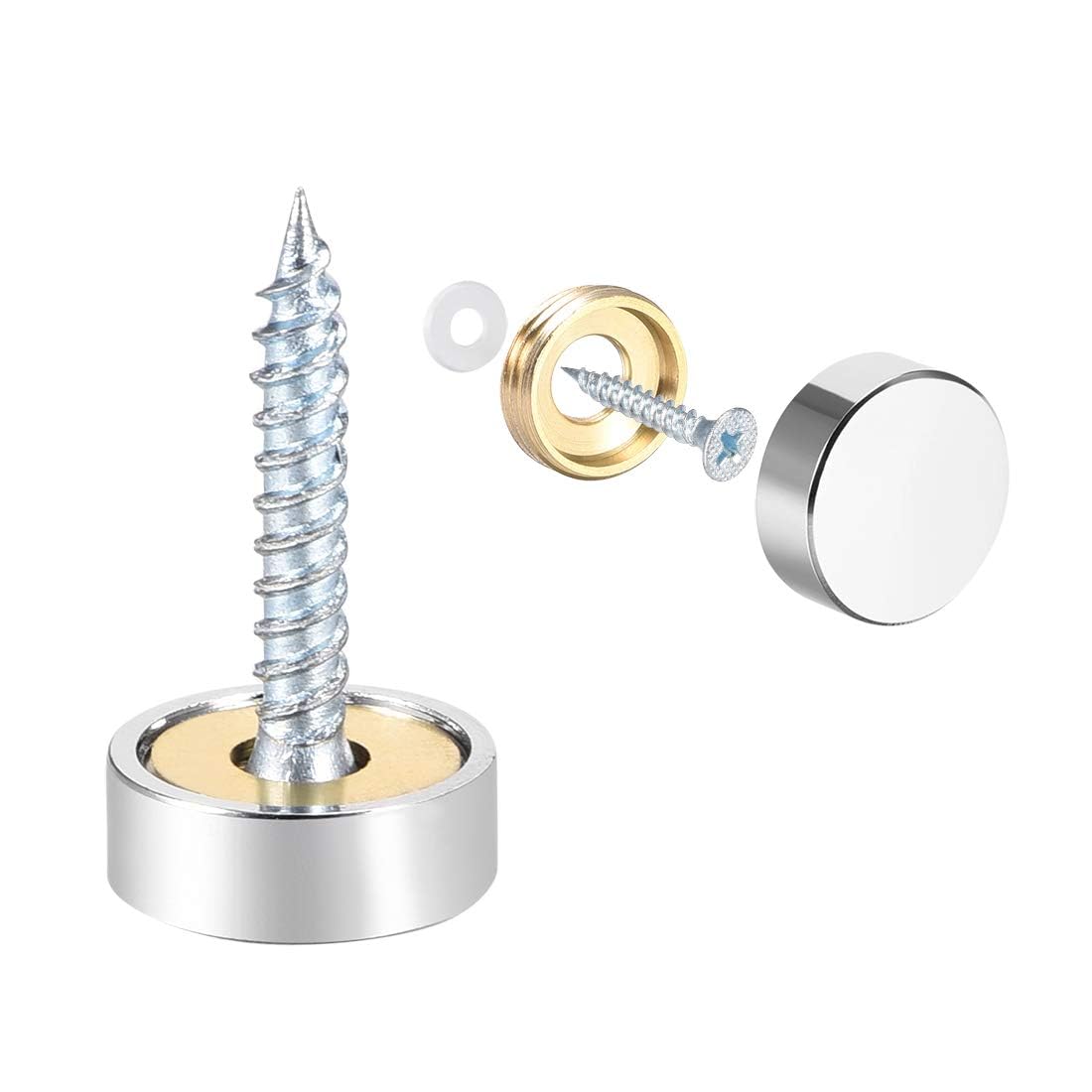 TOP-VIGOR 8Pcs Mirror Screws, 14mm brass Mirror Screws Cap Nail with Washers, Decorative Cap Covers Polished Mirror Nails for Mirrors, Furniture Fittings, Tables, Wardrobes, Glass, Silver