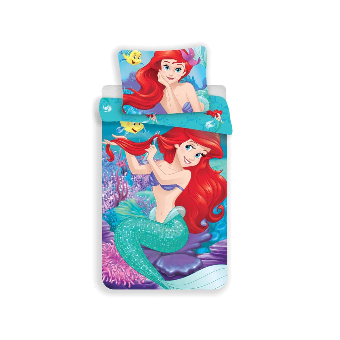 My sweety pop - Children's 2-Piece Bedding Set - Duvet Cover - Reversible - 140 x 200 - Pillowcase - 70 x 90 cm Bedding - 100% Cotton (The Little Mermaid - Blue/Green)