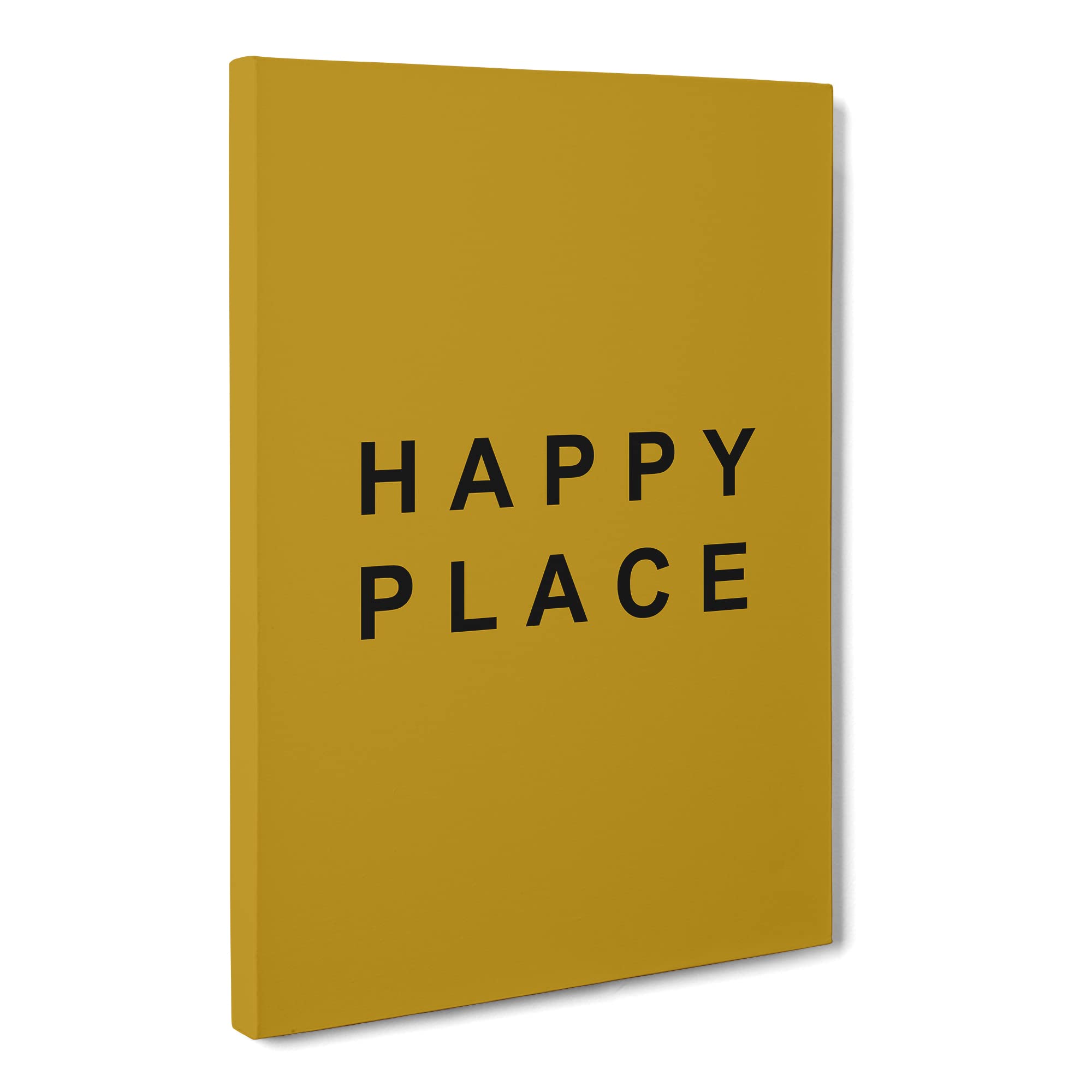 Happy Place Mustard Typography Yellow Canvas Print | Gallery Wrapped 30mm Frame Wall Art | 20x14 inches | Ready to Hang | Modern Typography Picture | Living Room Bedroom Lounge Office
