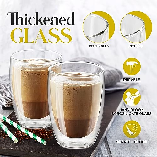Kitchables Double Wall Glass Coffee Mugs Set of 2, 12oz Insulated Glass